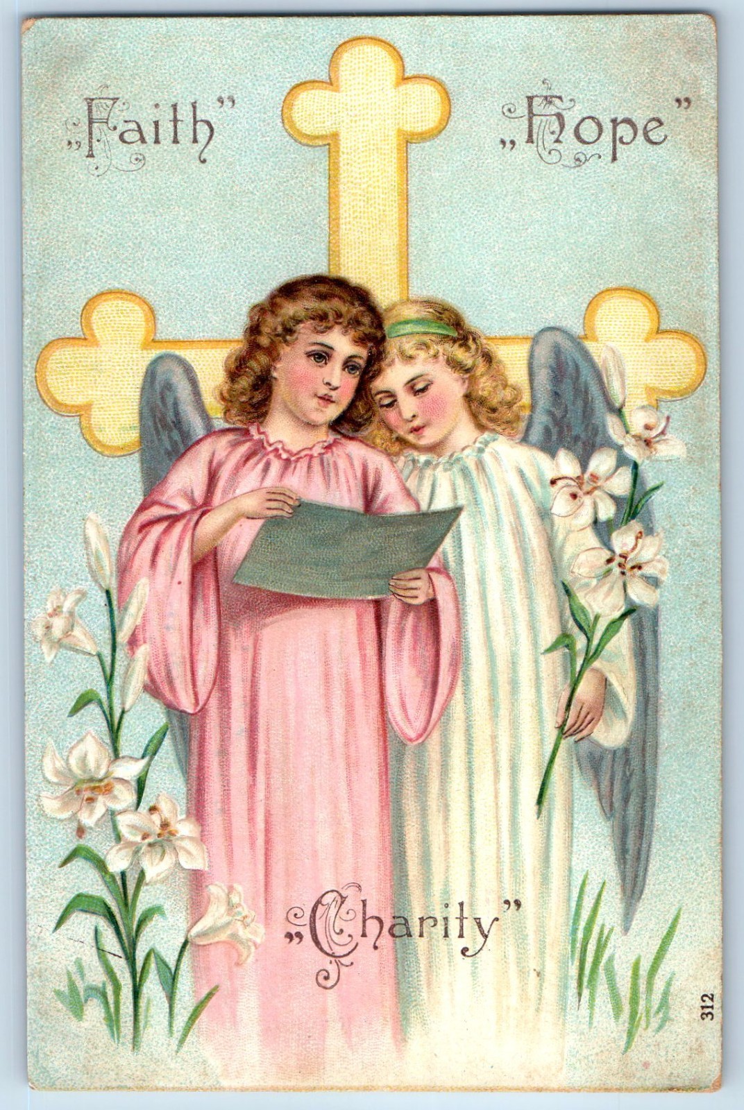 c1910\'s Faith And Hope Angel And Holy Cross Flowers Embossed Milton DE Postcard