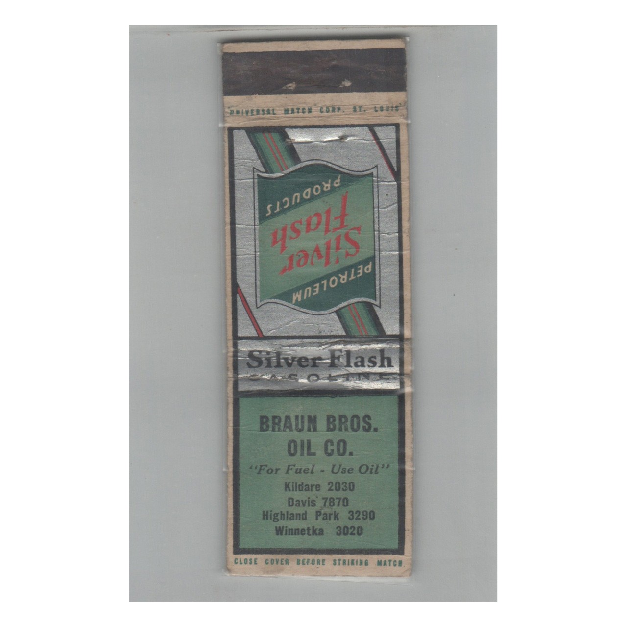 1920s-1930s Universal Match Matchbook Cover Braun Bros Oil Co Highland Park