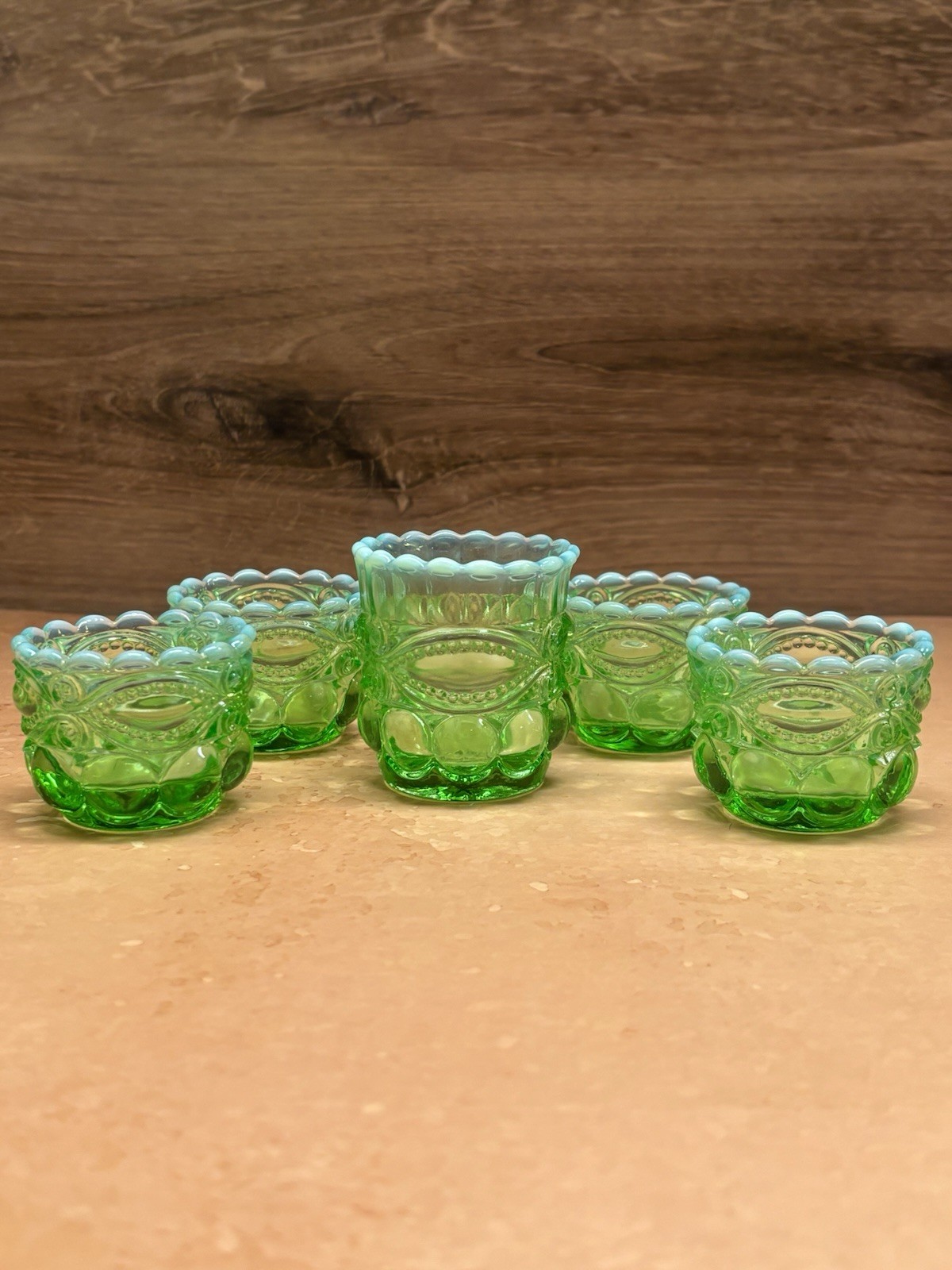 Vintage Mosser Glass Eye Winker Green Opal Toothpick Holder & Salt Dips 5pc Set Vintage Mosser Glass Eye Winker Green Opal Toothpick Holder & Salt Dips 5pc Set