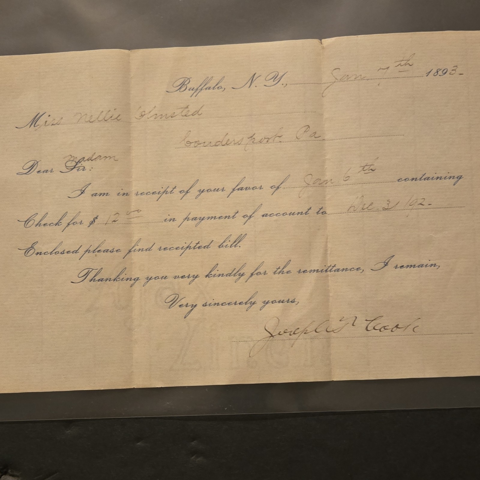 1893 Handwritten Letter Jan 7 Buffalo NY to Miss Nellie Olmsted