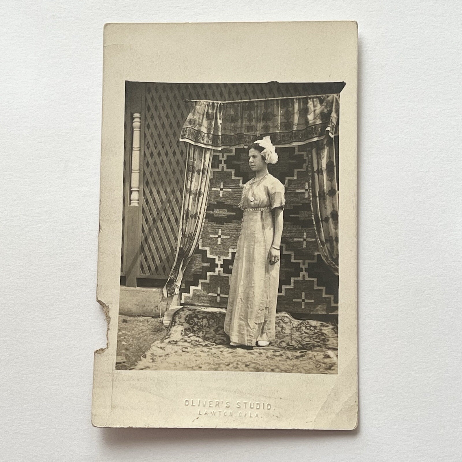 Antique RPPC Real Postcard Photograph Beautiful Woman Native American Tapestry