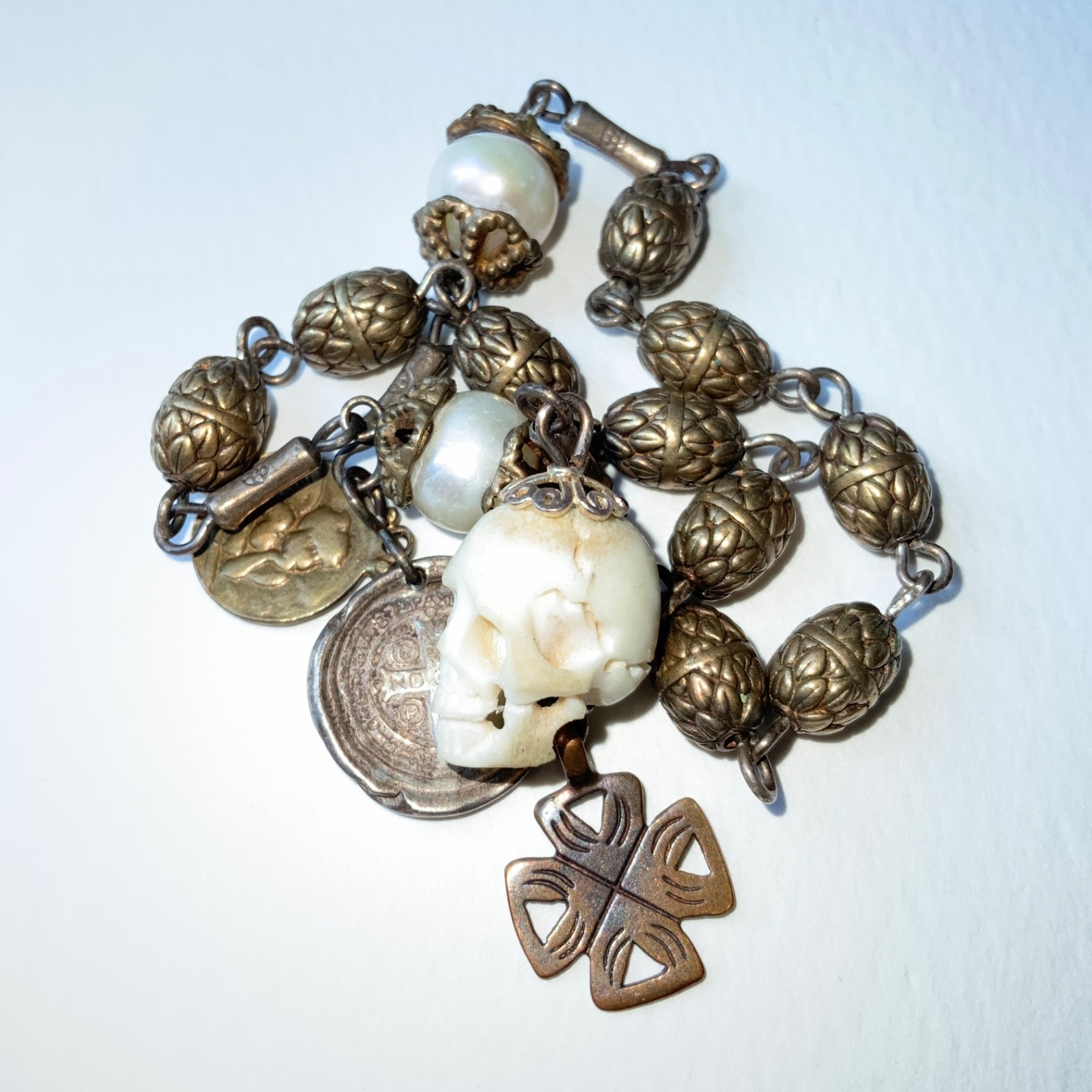 Memento Mori Pocket Rosary Shibuichi Sterling Silver Antler Skull Tested 30.5g