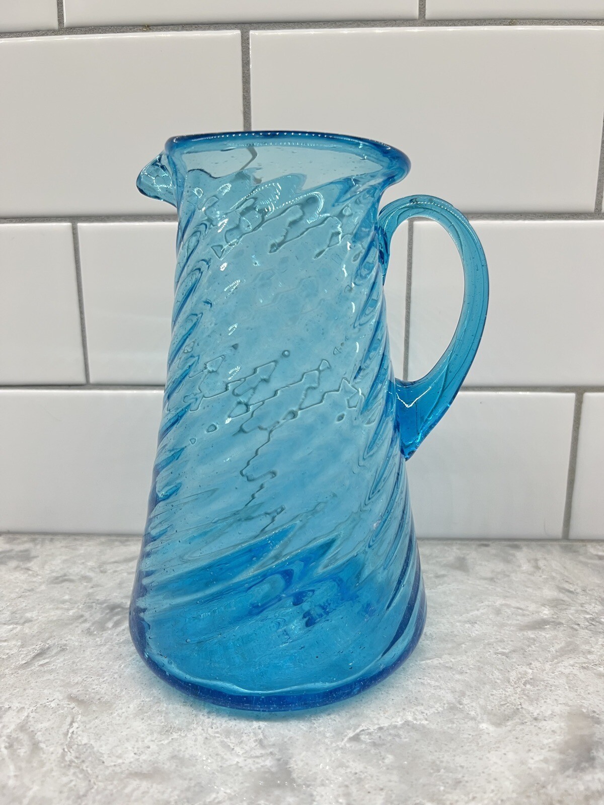 Vintage Aqua Blue Glass Creamer /Pitcher Swirled Hand Blown 6\