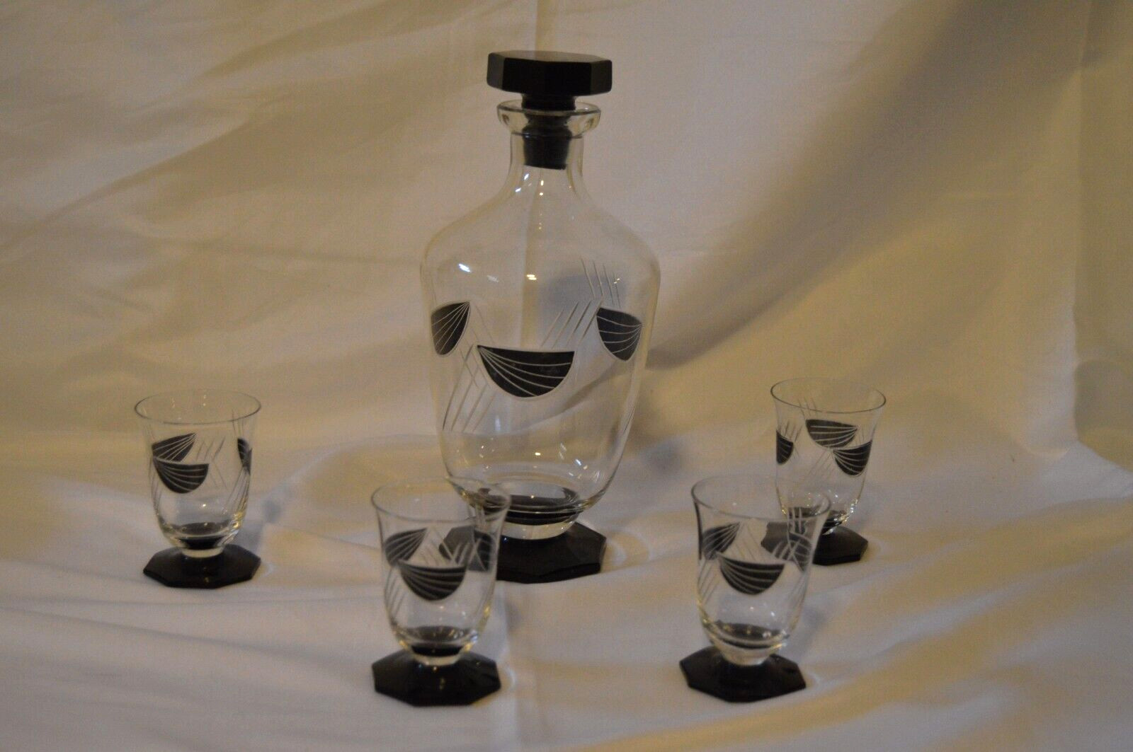 Art Deco Black & CLear Glass Decanter set with 4 Glasses