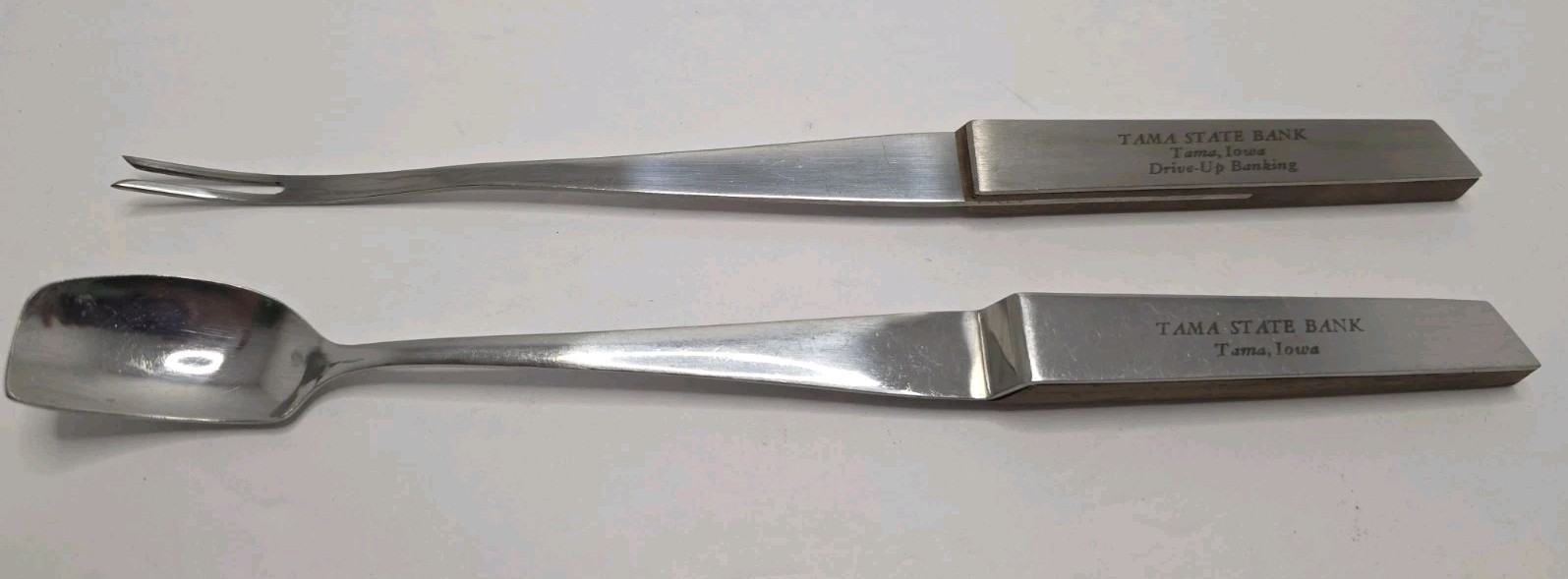 Vintage Barrett's Stainless Japan Tama State Bank, Iowa Wood Handle Fork &Spoon. Vintage Barrett's Stainless Japan Tama State Bank, Iowa Wood Handle Fork &Spoon.