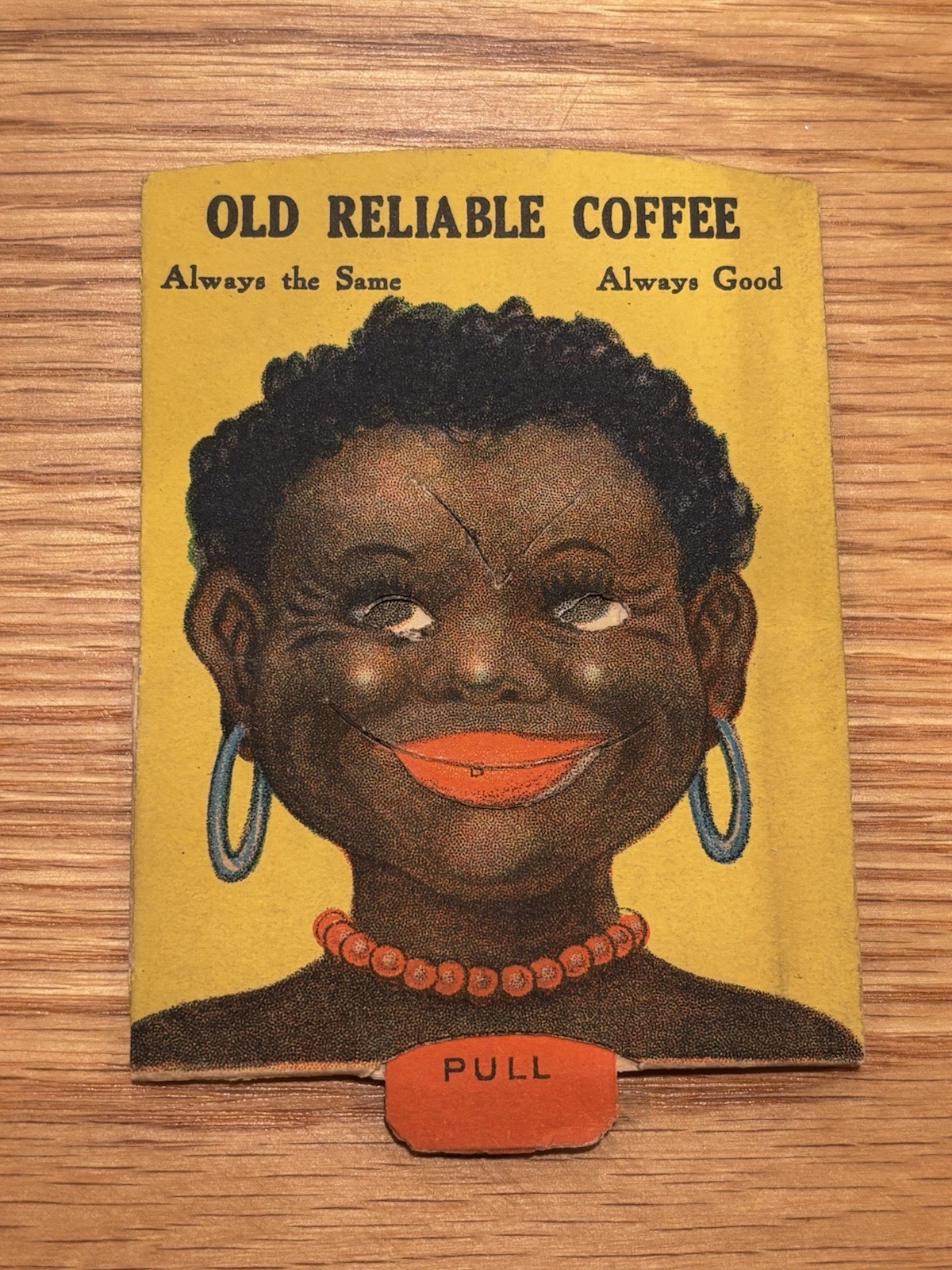ANTIQUE OLD RELIABLE COFFEE MECHANICAL TRADE CARD   Smiling Girl. RARE
