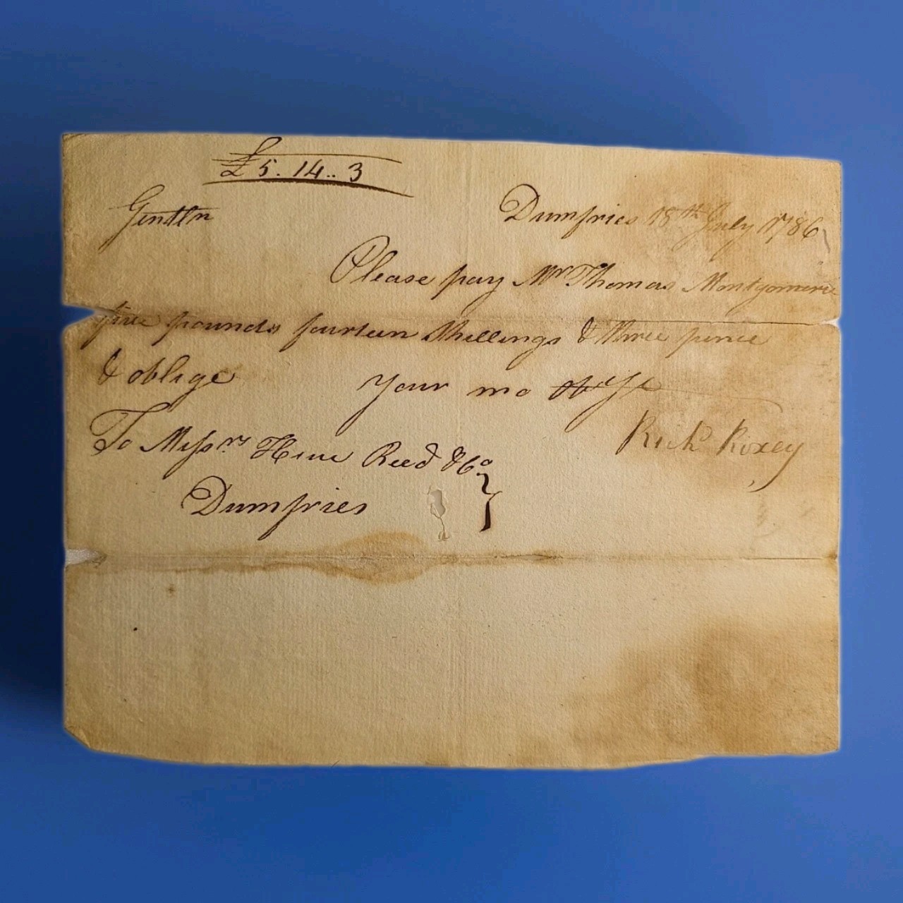 1786 Dumfries VA Merchant Note Thomas Montgomery, Rich Rixey, Taylor Watermark