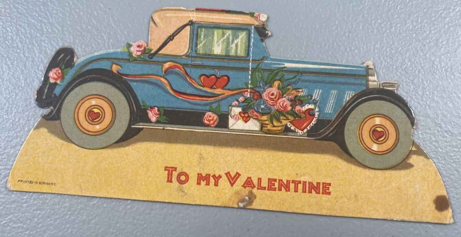 Vintage Valentine Card Car Flowers Made In Germany Windows Open Signed