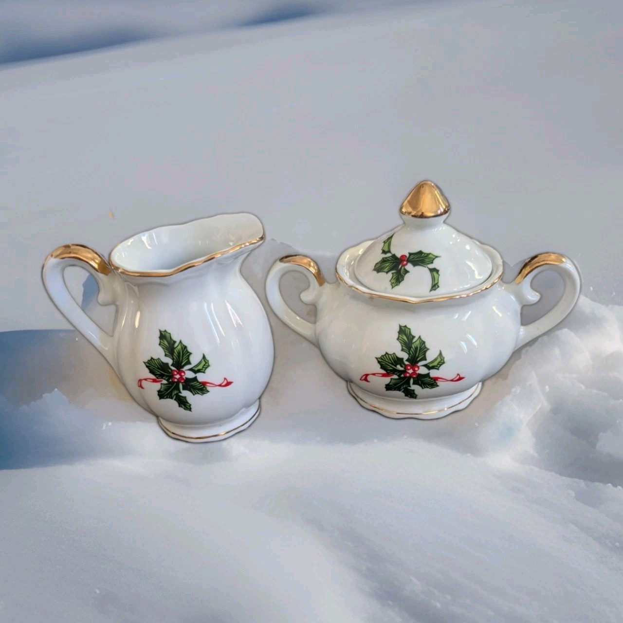 Vintage Lefton Sugar Bowl & Creamer Christmas Holly Leaves