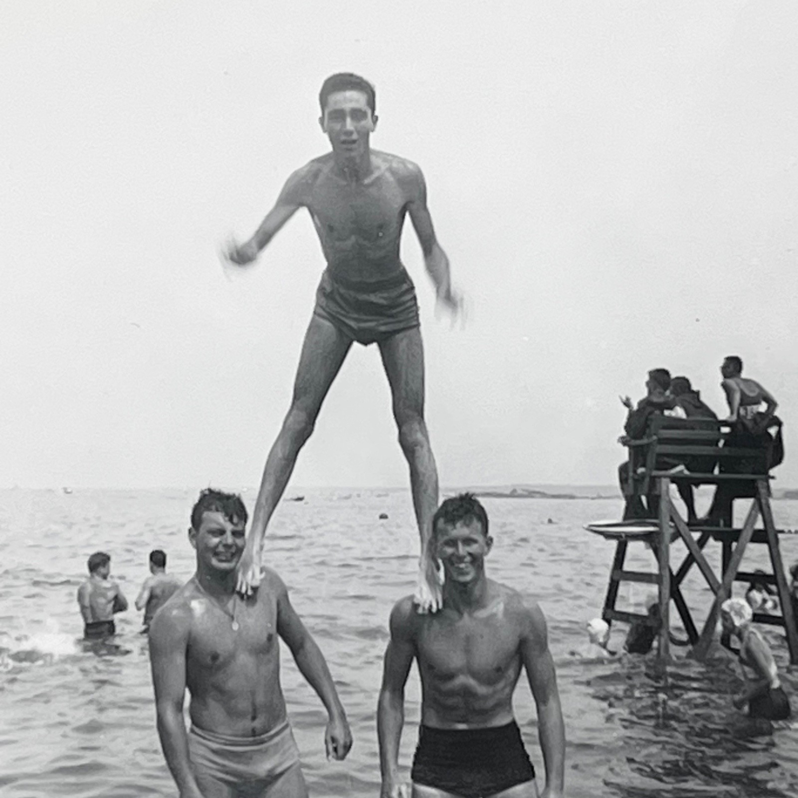 1940s Three Shirtless Men Human Pyramid Swim Trunks Gay Interest Vintage Photo