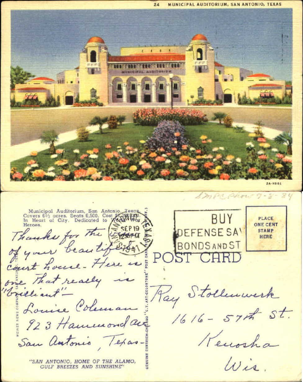 Municipal Auditorium San Antonio Texas vintage postcard mailed 1941