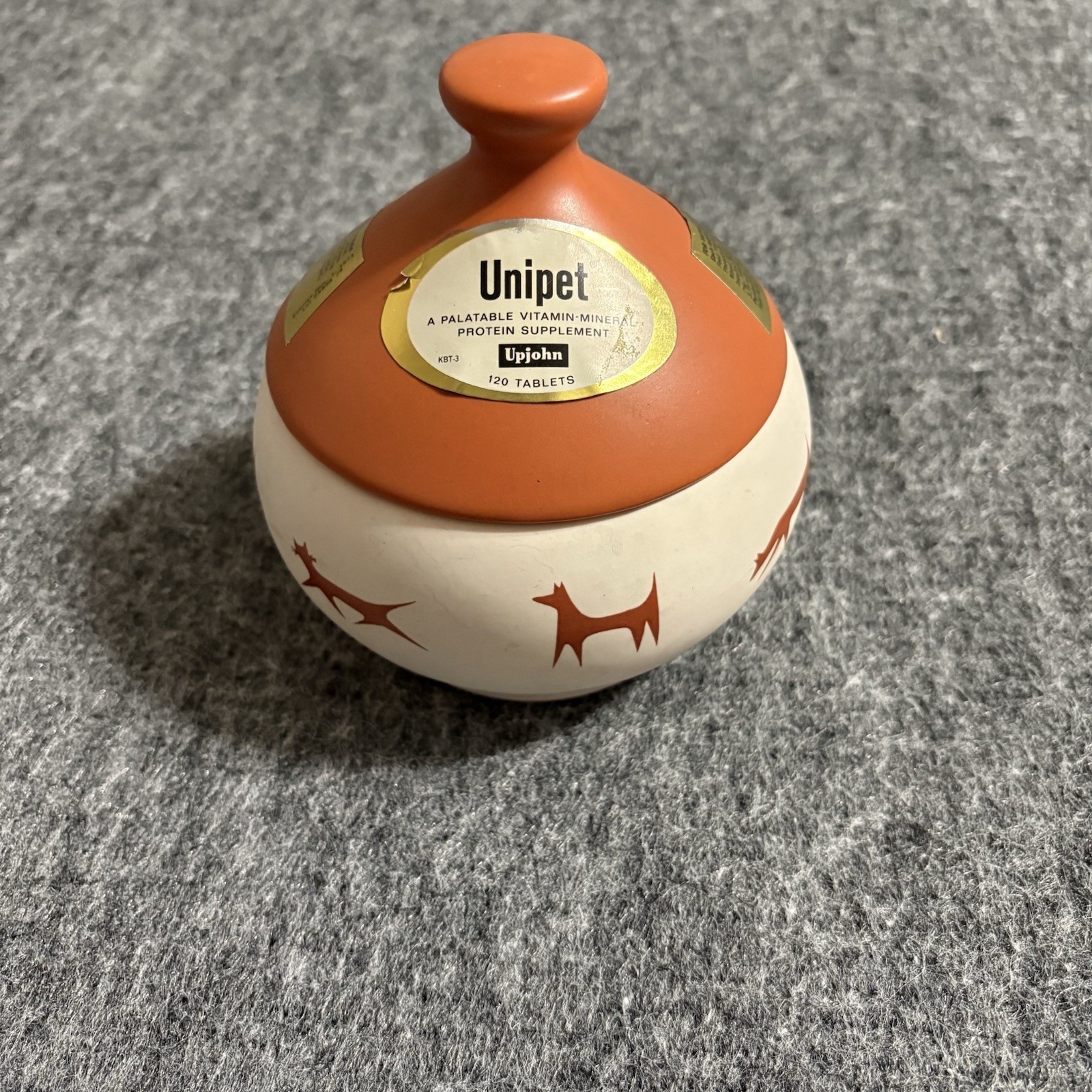 Vintage McCoy Upjohn Unipet Jingle Jar Pet Treat Dog Cat Orange Lid Bell MCM Vet