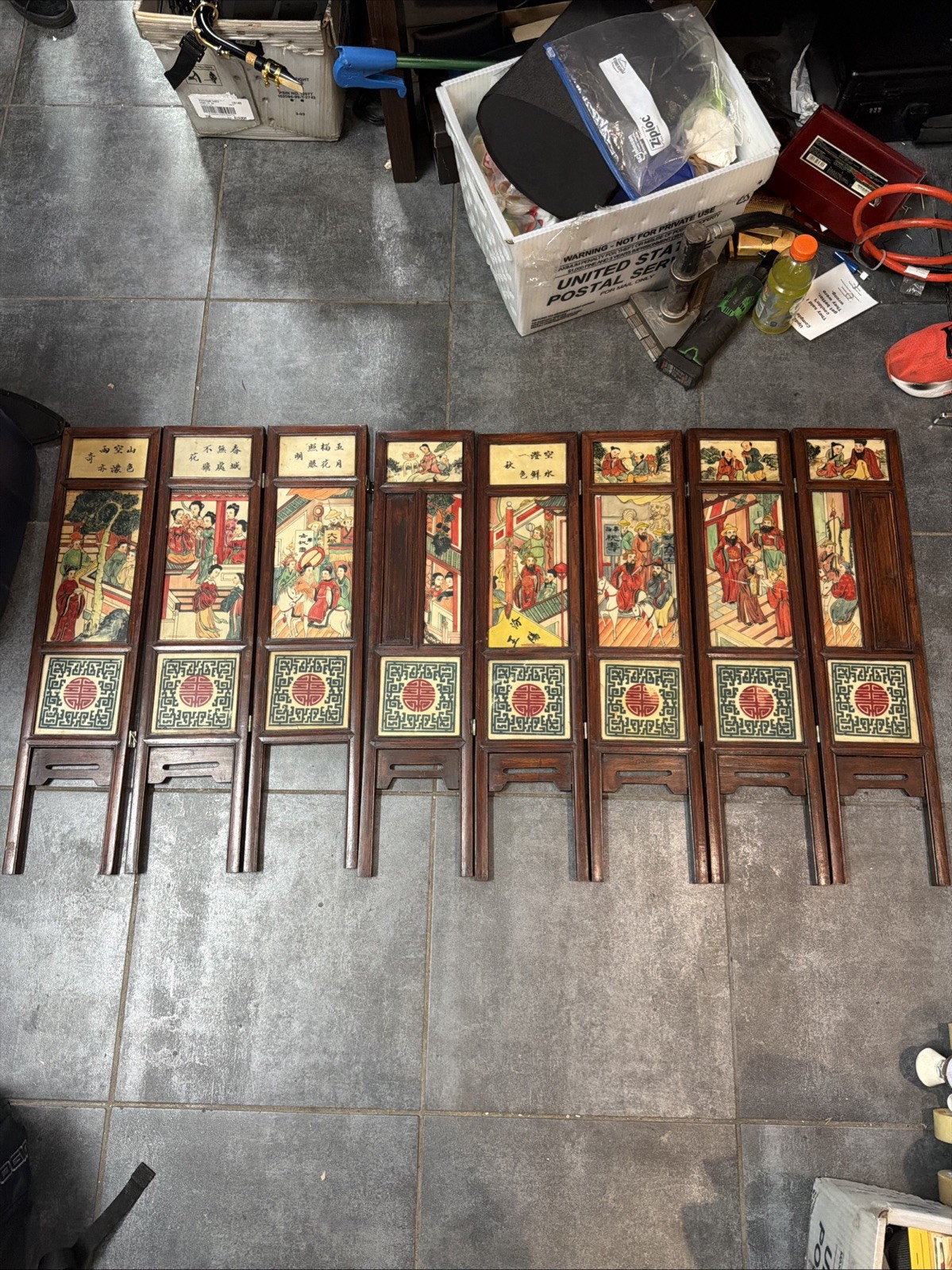 Antique Chinese 8 Panel Hand-Painted Mini Folding Screen Carved Engraved Broken