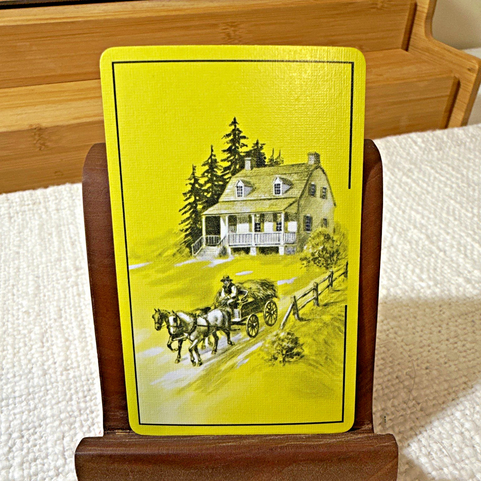 Vintage Linen Horse Drawn Carriage/Homestead Single Playing Card- Yellow