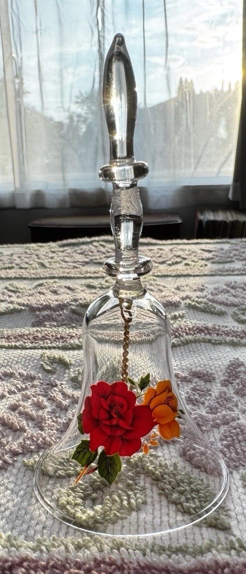 Vintage Crystal Glass Bell Red Rose Floral Delicate Clear 3.75 inches Flower