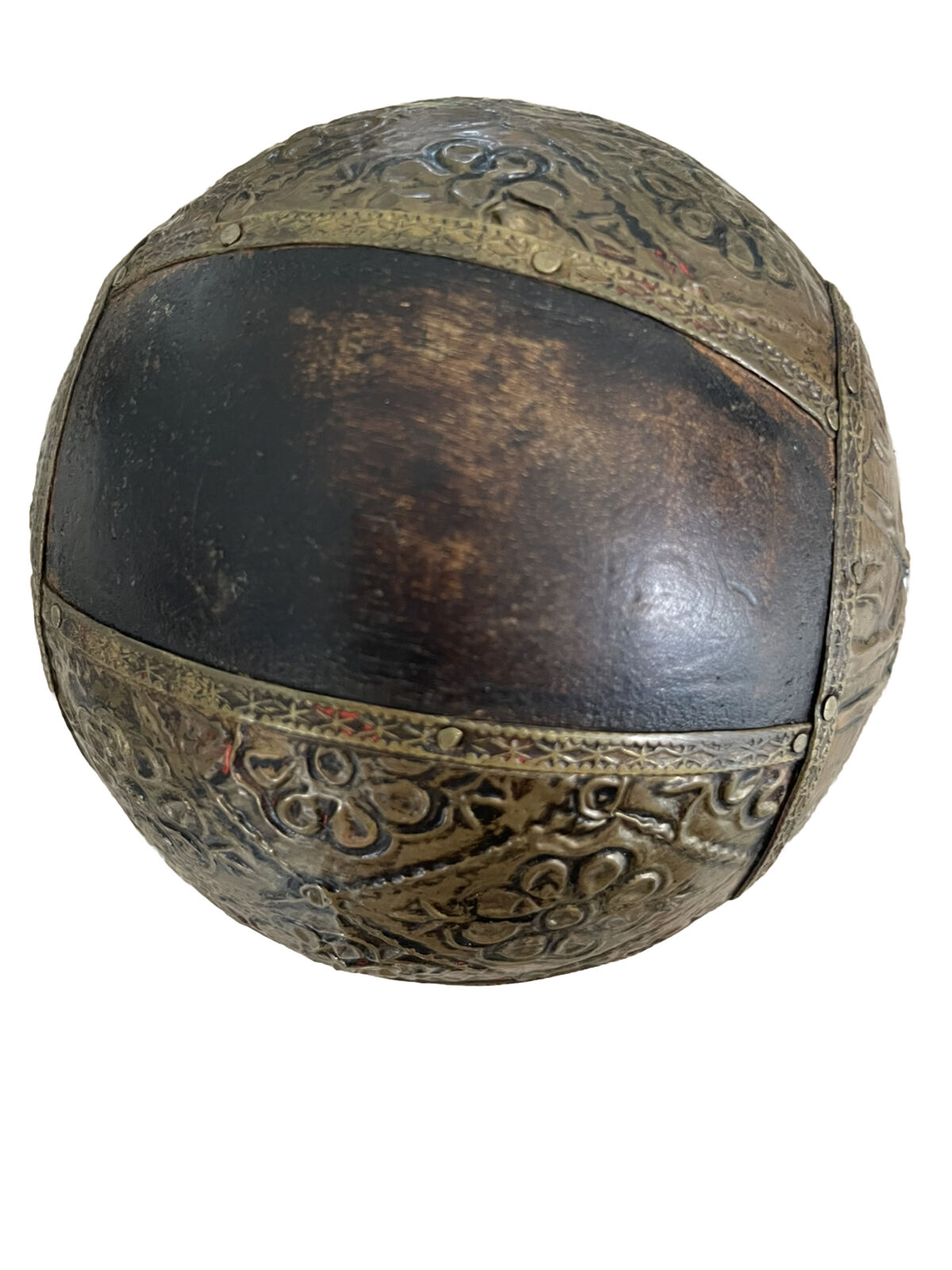 Vintage Decorative Ball Brown Wood Sphere Embossing Brass Metal Inlay