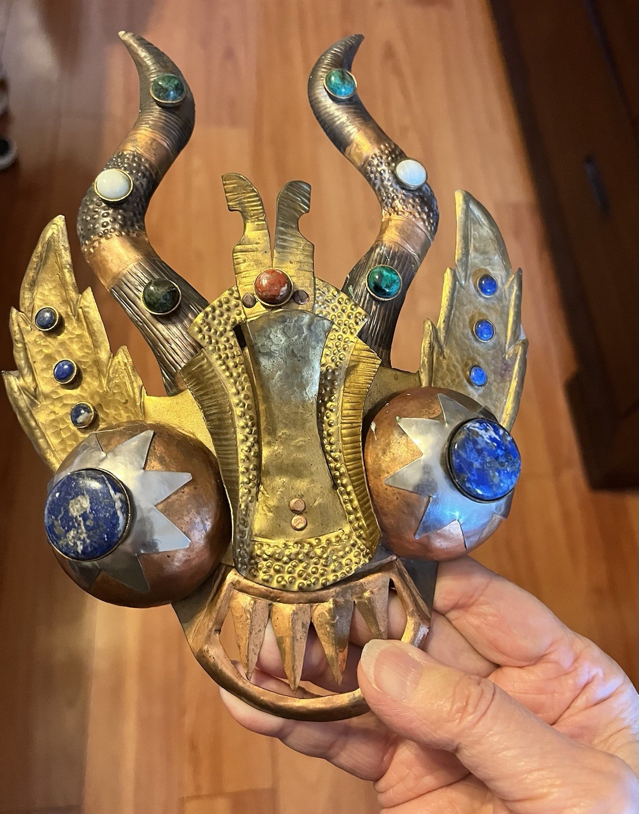 Vintage Chilean Copper Brass Mythological Wall Mask Sculpture With Gemstones