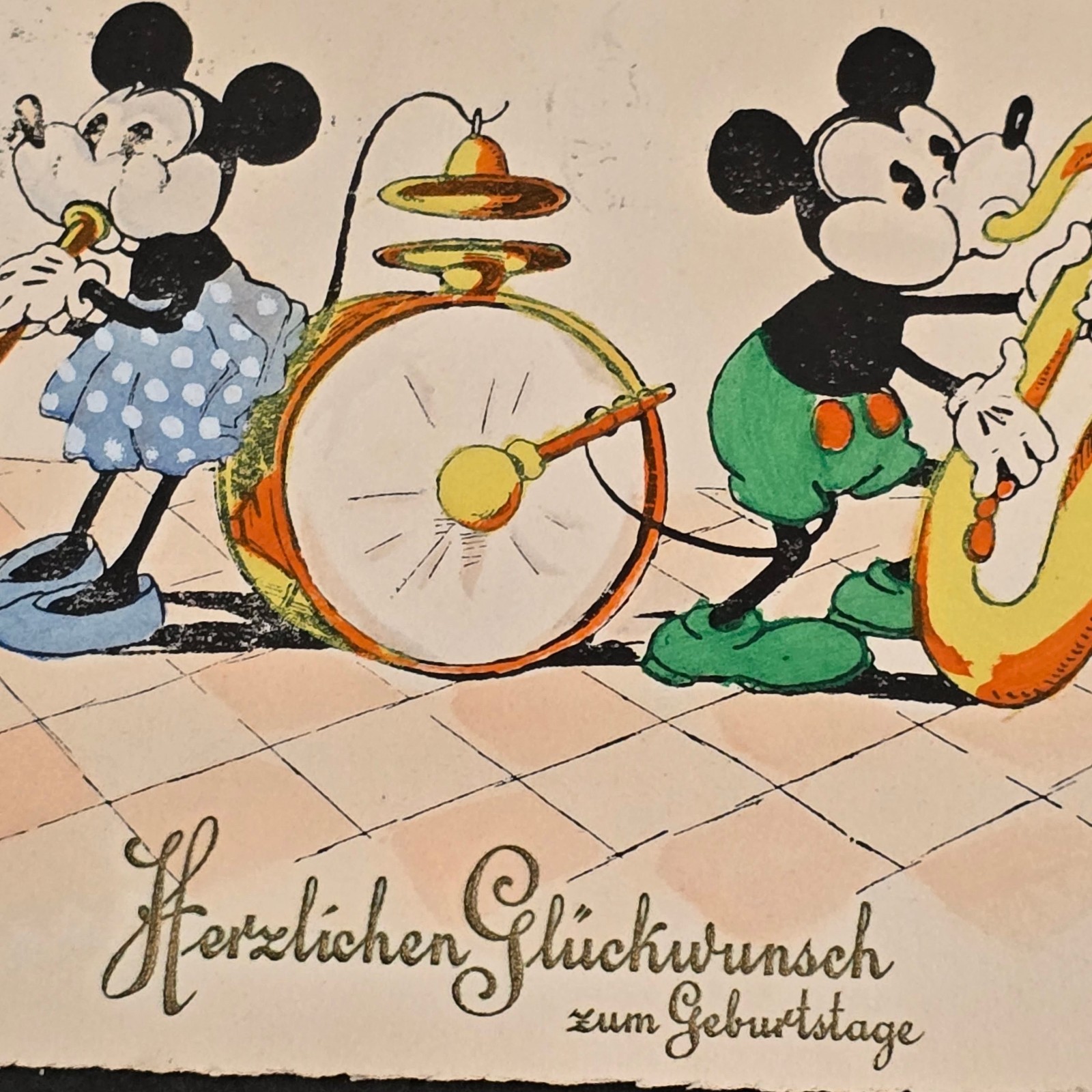 Vintage 1930s German Disney Mickey Minnie Mouse Birthday Postcard Friedrich Eber