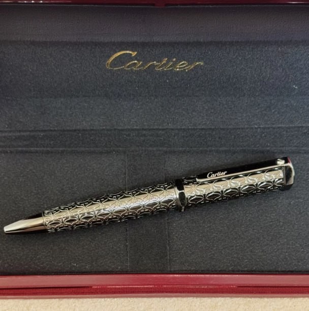 Cartier Gunmetal Ballpoint Pen Engraved Pattern Red Box Luxury Writing Gift NIB