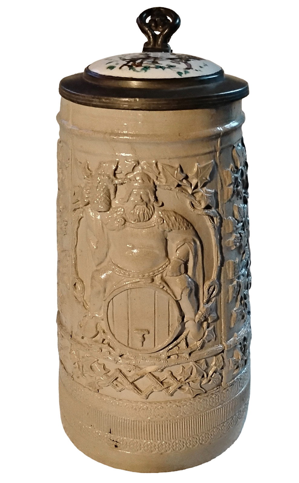 Late 19th Cent. German Stoneware Beer Stein w/Hand Painted Porcelain Lid Insert