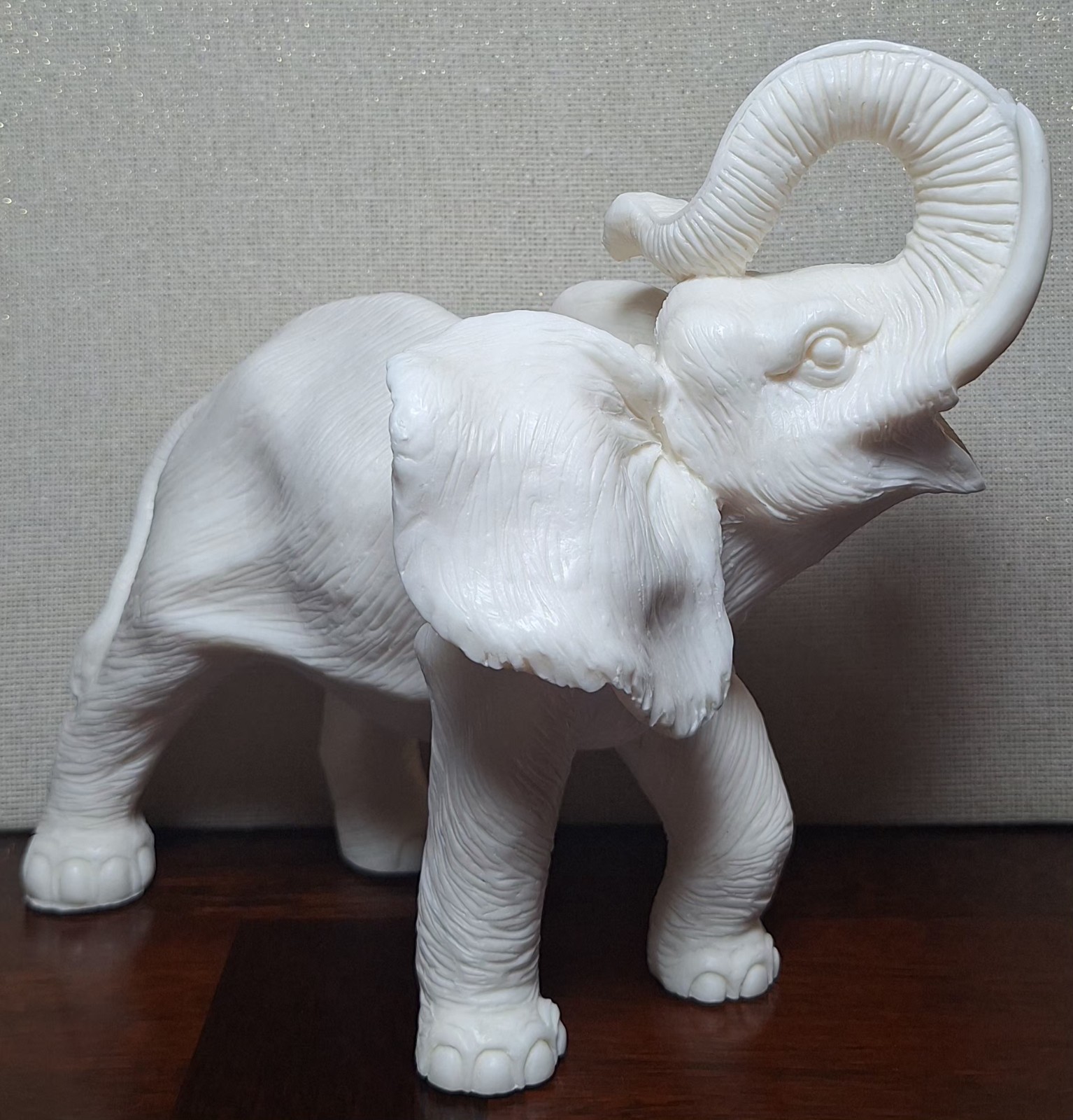Vintage White Alabaster Bonded Resin Elephant Statue Trunk Up Artist Signed