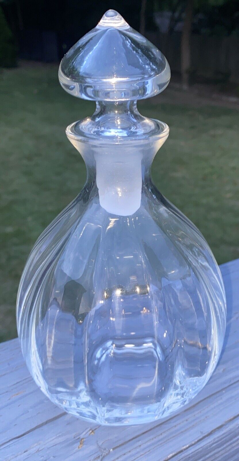 Vtg. Blown Glass Small Decanter Paneled, Onion Stopper, Frosted Tip