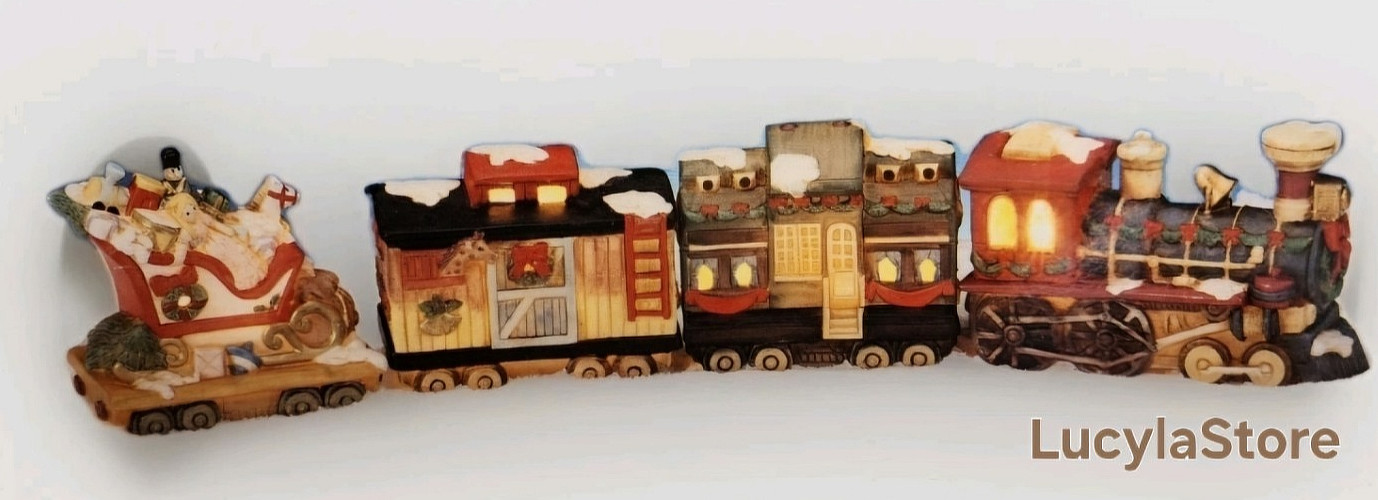 Vtge 4Pcs Train Illuminated Set Christmas Hand Painted  Porcelain Bisque Village