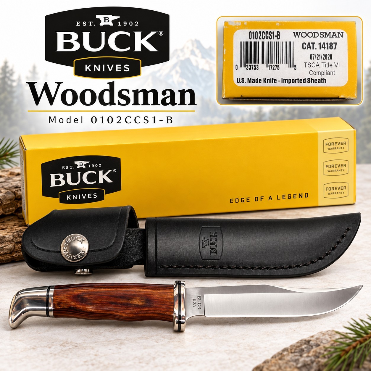 Brand New Buck Woodsman 0102CCS1-B Fixed Blade Knife Wood Handle w/ Sheath Box