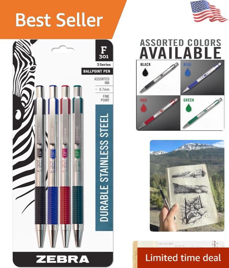 Elegant 4-Pack F-301 Retractable Ballpoint Pens, Fine Point, Stainless Steel