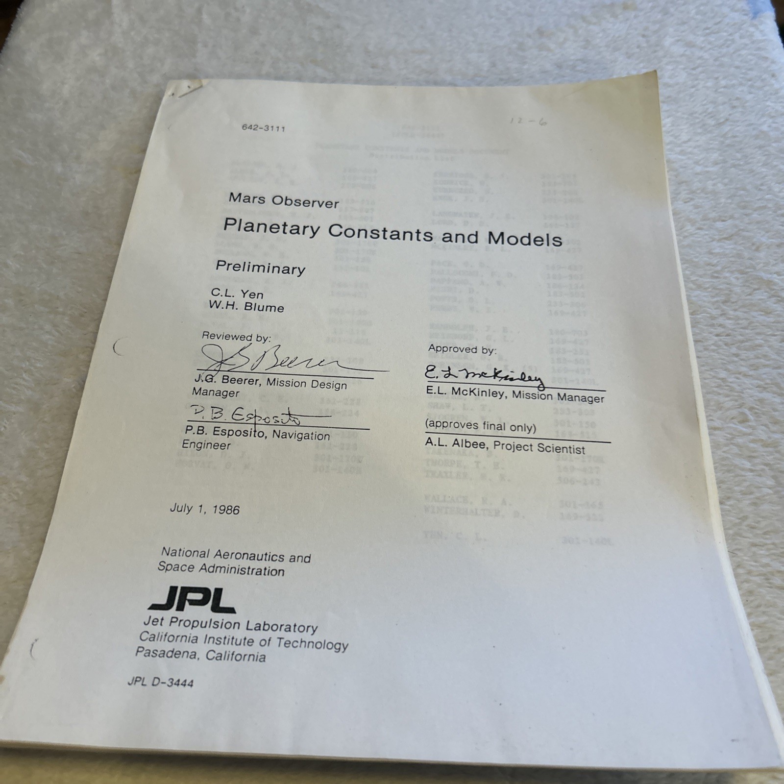 Mars Observer Planetary Constants Models JPL 1986 report NASA HTF Space