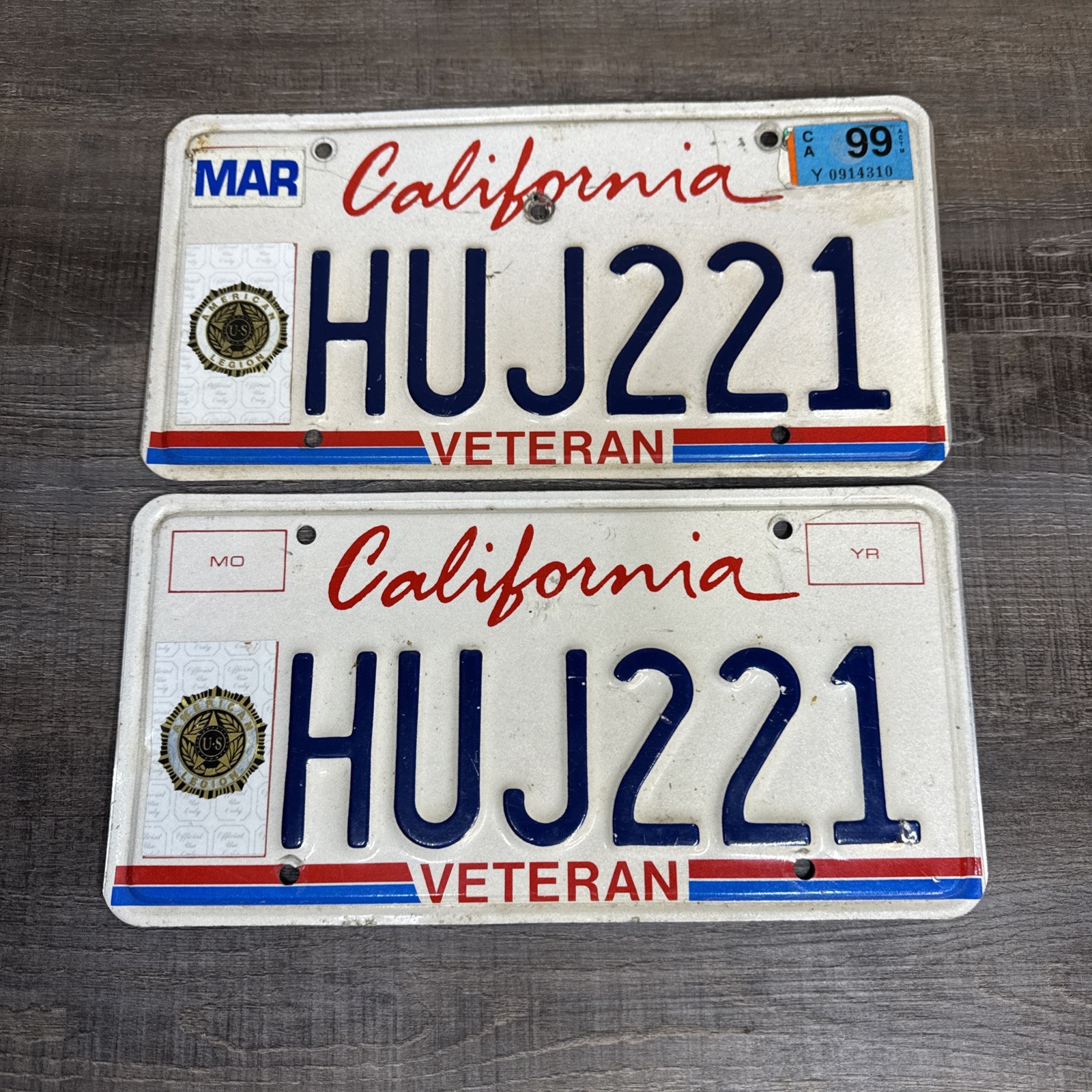 Vtg 1999 Pair California Veteran License Plate American Legion HUJ221 Navy Army