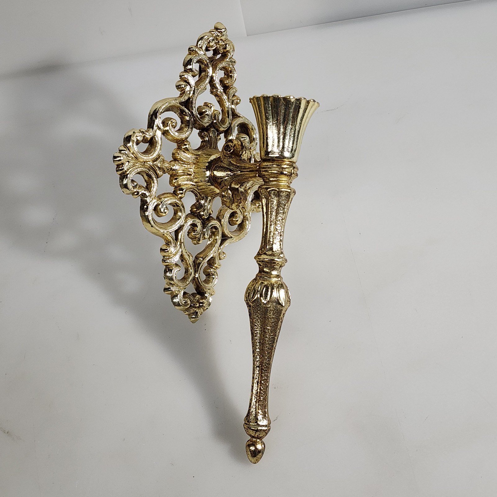 Pair Sconce Candleholders Gold Tone Metal Ornate Wall Mounted Hollywood Regency Pair Sconce Candleholders Gold Tone Metal Ornate Wall Mounted Hollywood Regency