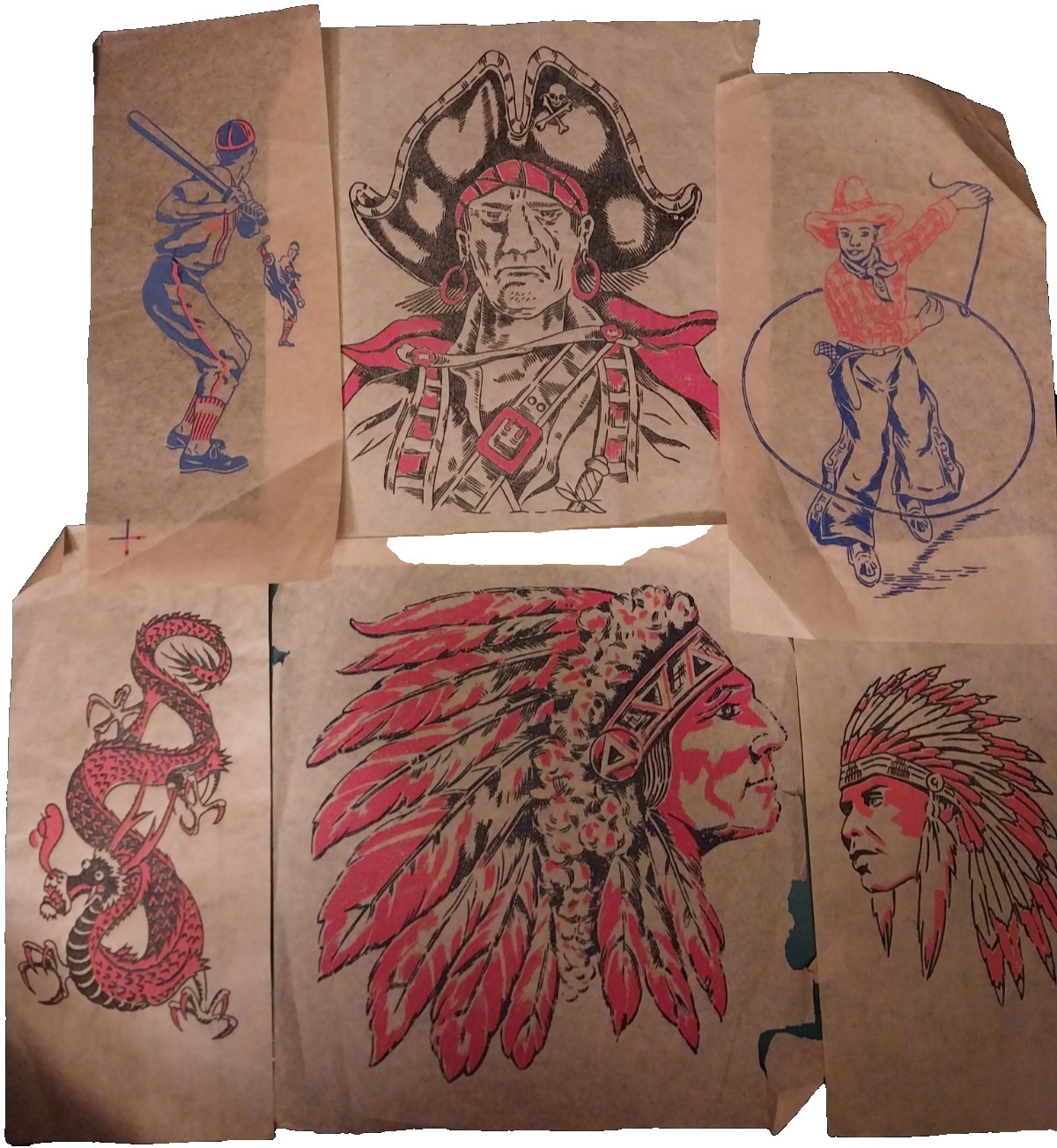 VTG Heat T-Shirt Iron-On Transfers Indian Chief Pirate Dragon Baseball Cowboy