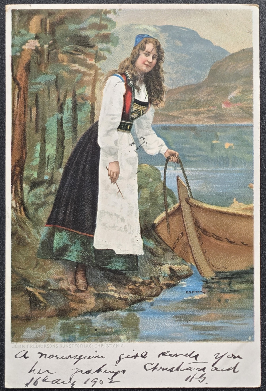 1907 Norway Postcard – Norwegian Girl in Traditional Dress Rowboat Scene
