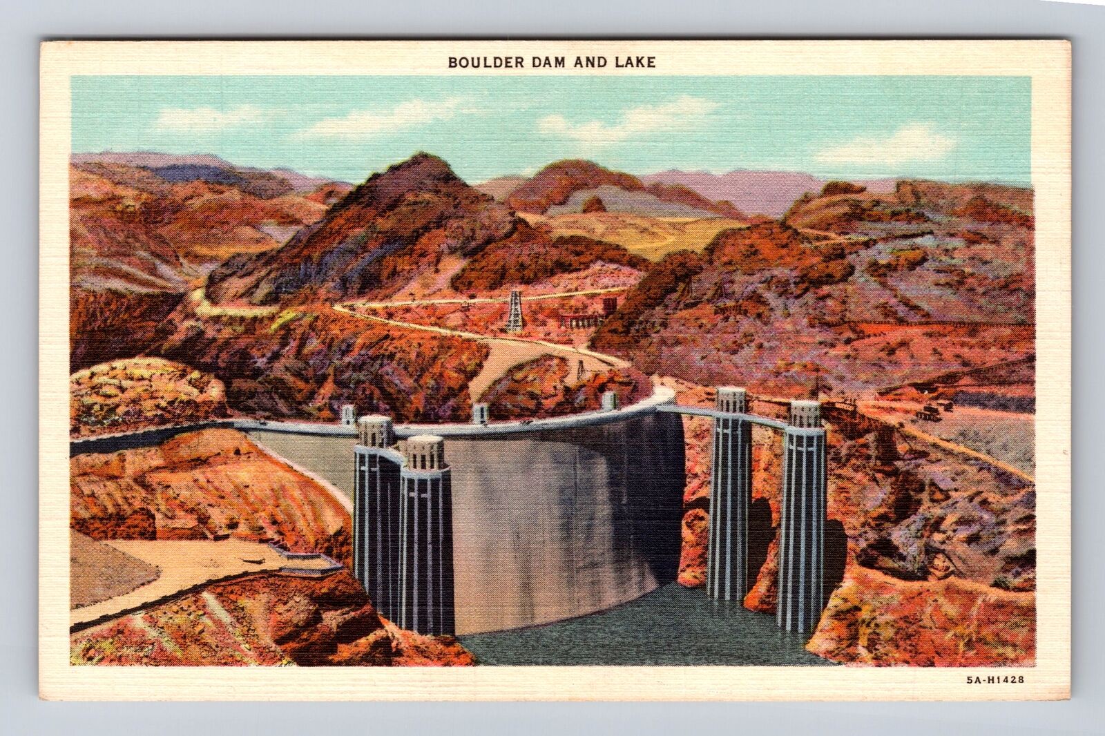 Boulder Dam And Lake NV-Nevada, Colorful Aerial View, Antique Vintage Postcard