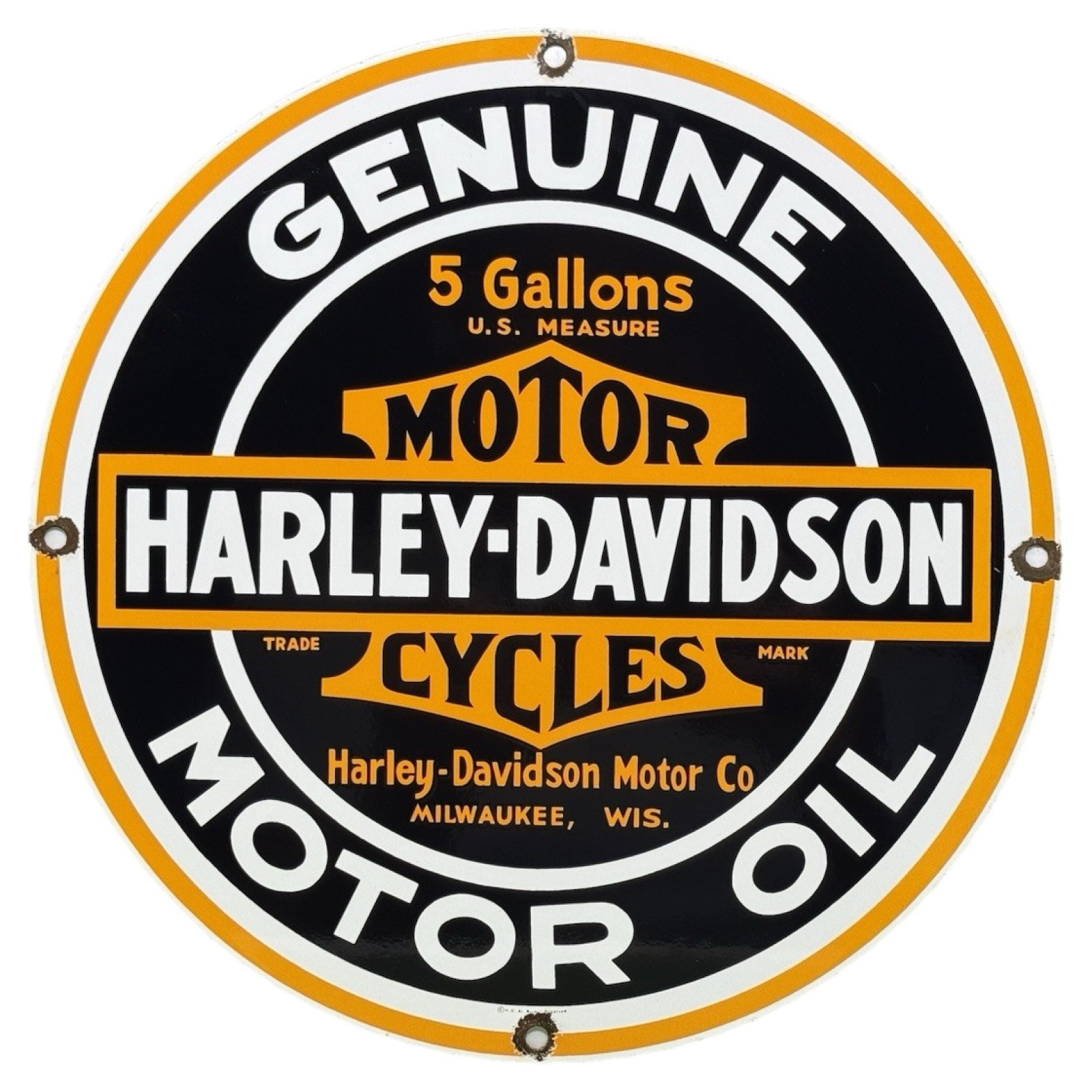 VINTAGE HARLEY-DAVIDSON MOTOR OIL PORCELAIN SIGN GENUINE 5 GALLON MOTORCYCLE