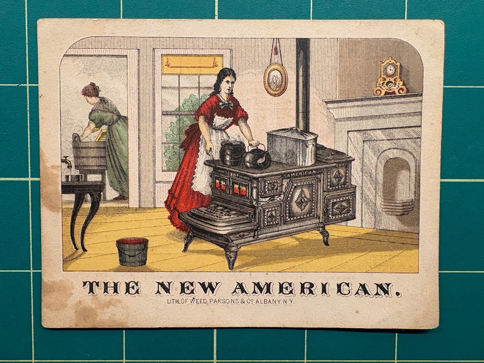 The New American stove trade card - very early card  Roslyn, NY store