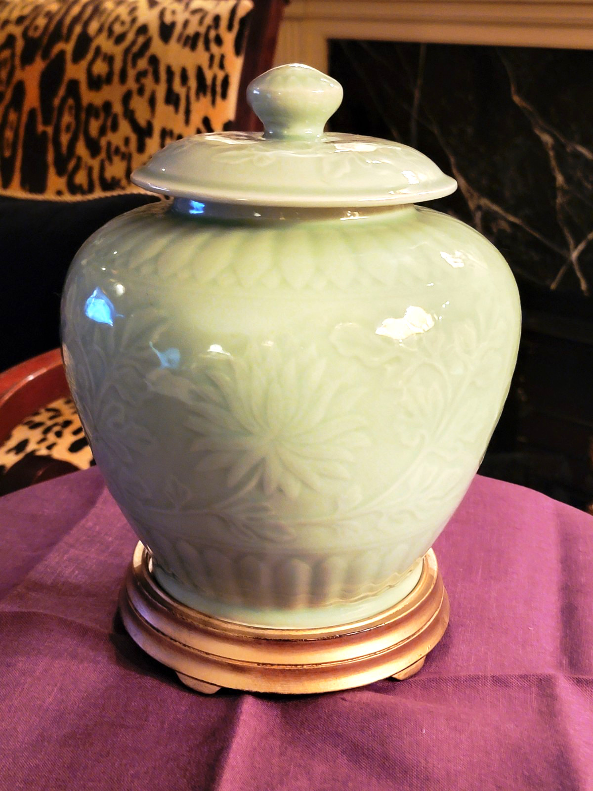 GORGEOUS CHINESE CELADON LIDDED GINGER JAR WITH STAND, 2 AVAIL, 9.25’’H