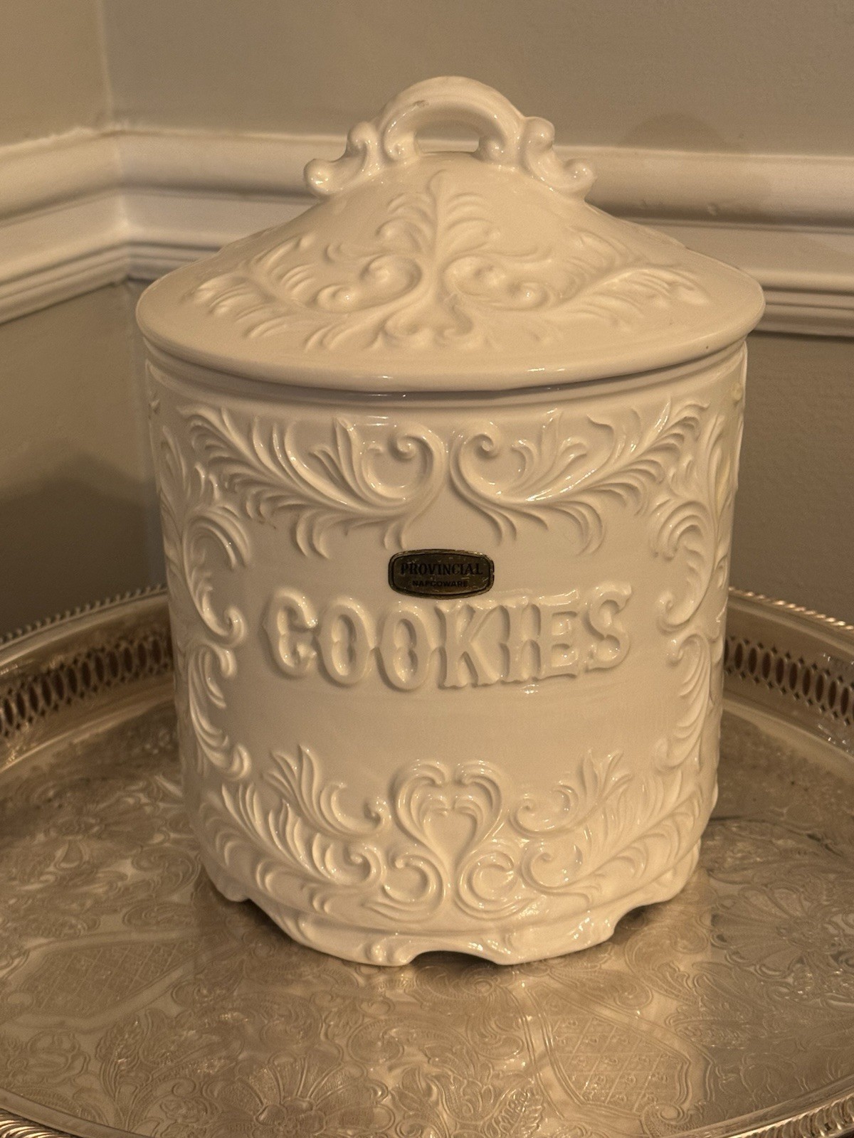 Vtg 1950s Napco White Scrolled Ceramic Cookie Jar Lid C-7358 Japan Provincial Vtg 1950s Napco White Scrolled Ceramic Cookie Jar Lid C-7358 Japan Provincial