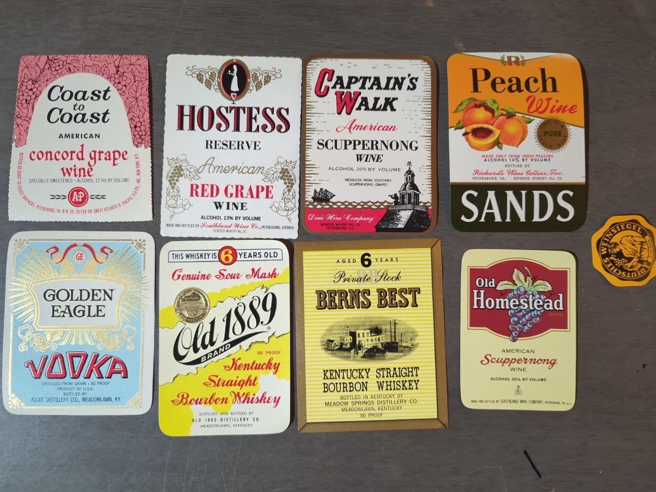 Vintage Lot 9 Original Labels Wine Whiskey Vodka Old 1889 Sands Berns Best C33