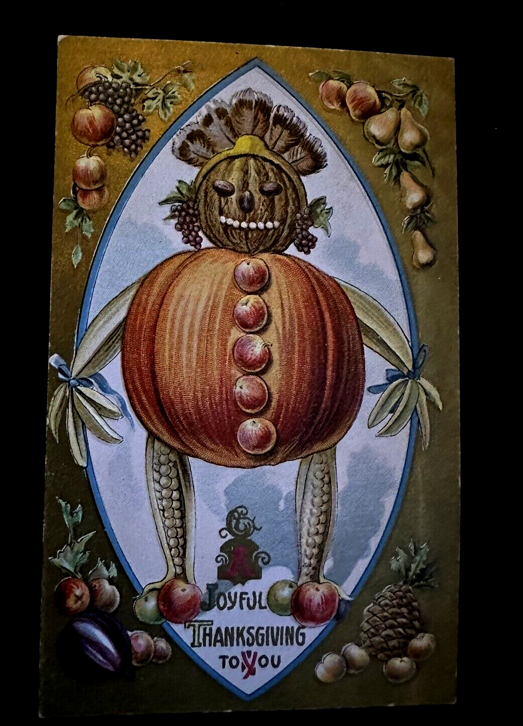 Thanksgiving~Scarecrow Pumpkin Man~Halloween Motif 1910 Anthropomorphic Postcard