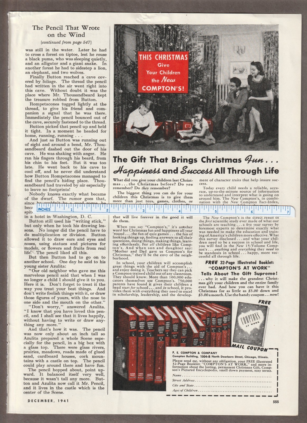 1941 COMPTON\'S ENCYCLOPEDIA XMAS Magazin AD~PICTURE PUZZLE Story Book/Hans Kreis