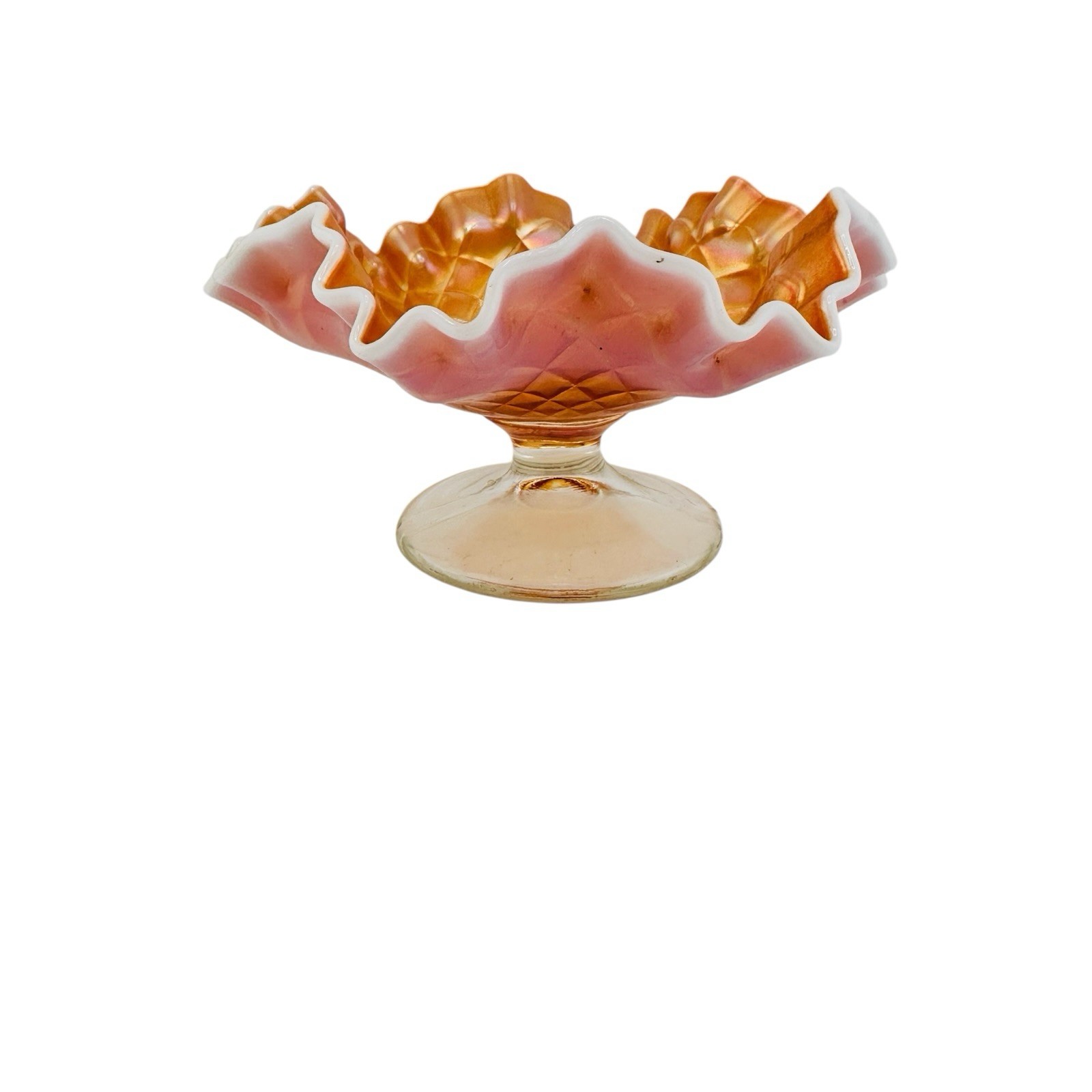 Antique Dugan Glass Co Folded Fan Peach Opal Carnival Glass Compote 