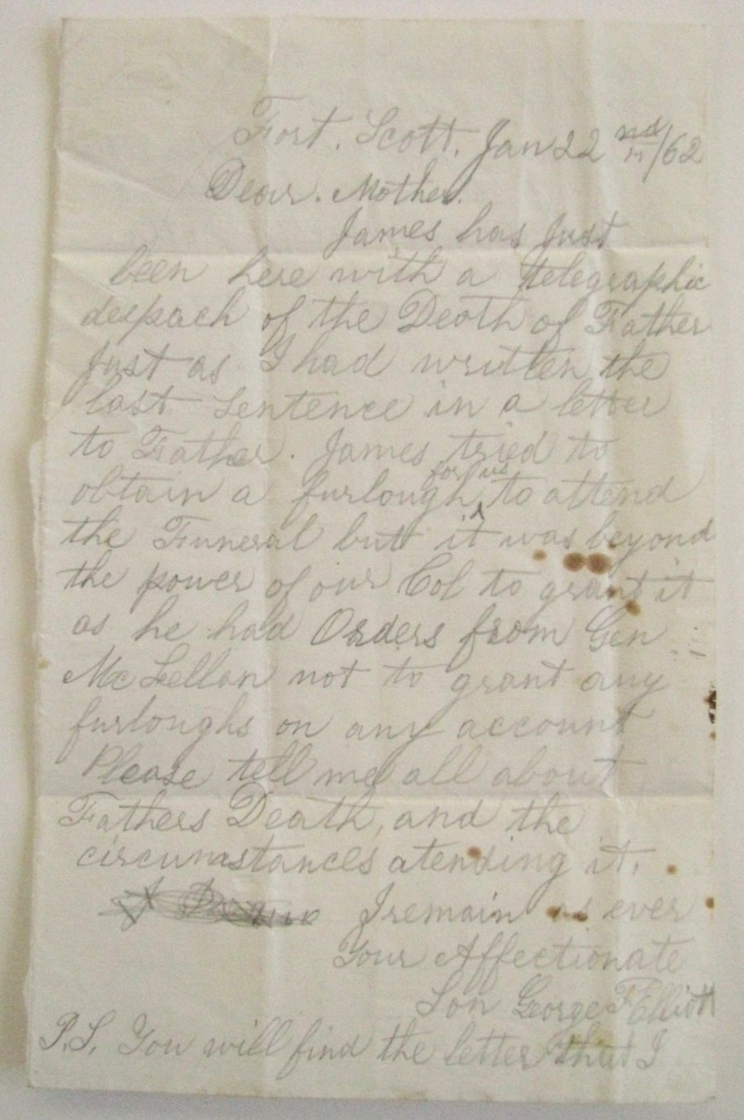 CIVIL WAR   LETTER FORT SCOTT  VIRGINIA- A CONNECTICUT SOLDIER'S GRIEF