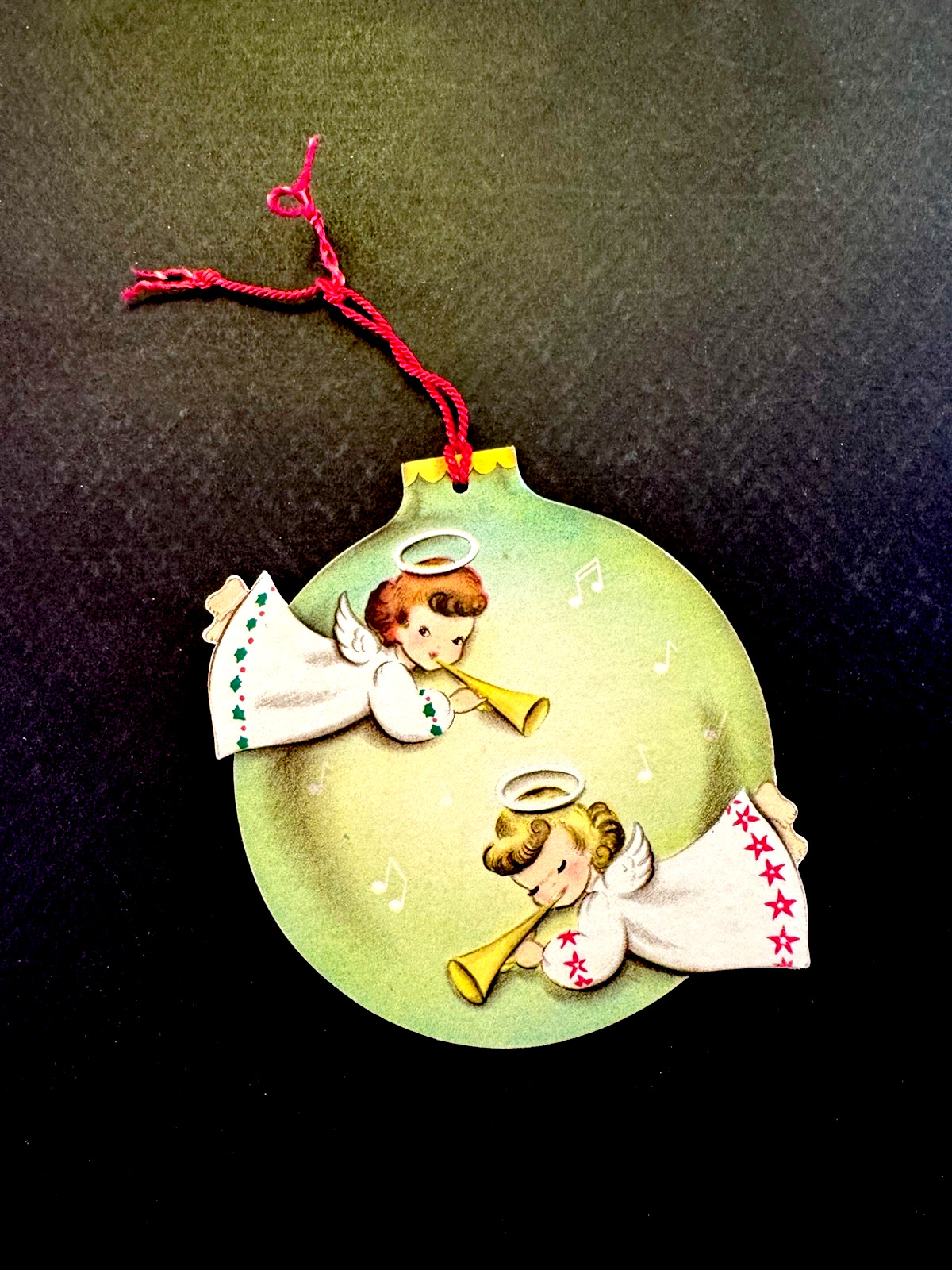 1 VTG Norcross Xmas Greeting Card Ornament 2 Sweet Angels Playing Holiday Horns