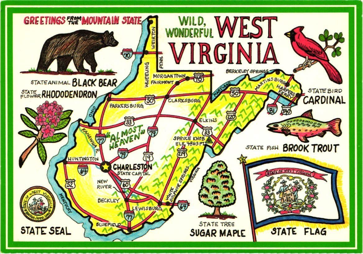 WV Wild Wonderful Map Postcard Ron & Linda Card State Symbols Unposted