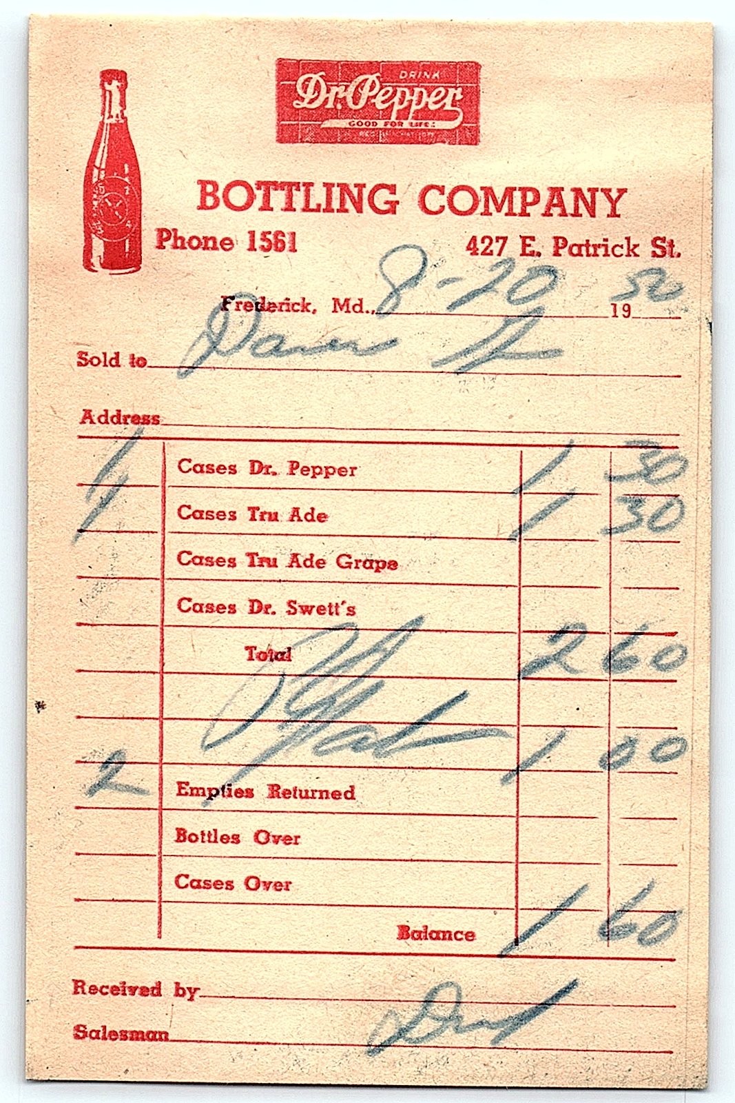 1952 Dr. Pepper Bottling Co. Frederick MD Billhead Receipt