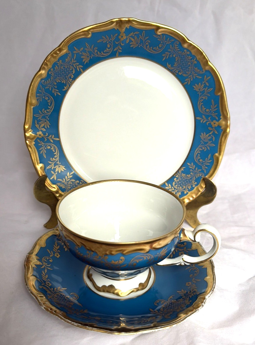 VTG Weimar Germany Katharina Blue/Gold Trio: Tea Cup Saucer Dessert Plate #28010