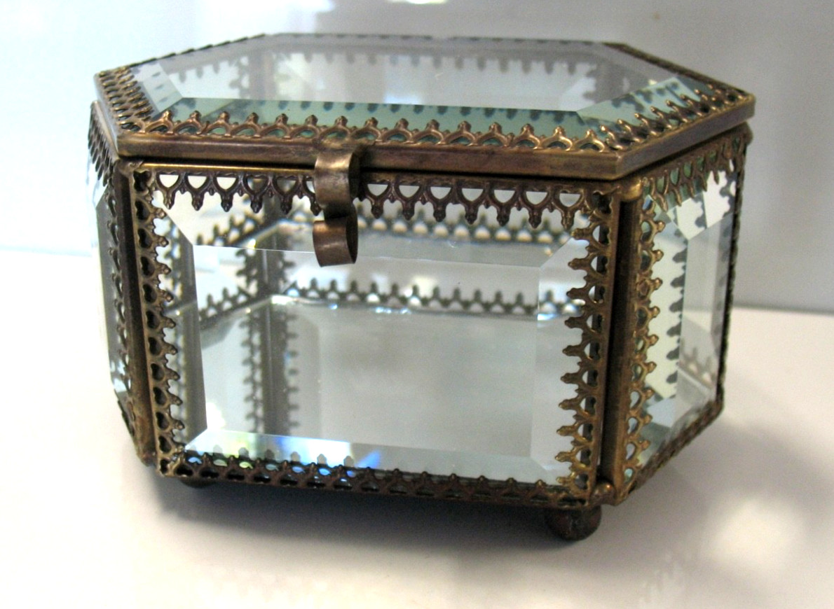 Vintage Thick Beveled Glass Casket Box Jewelry Trinket Victorian Brass Style