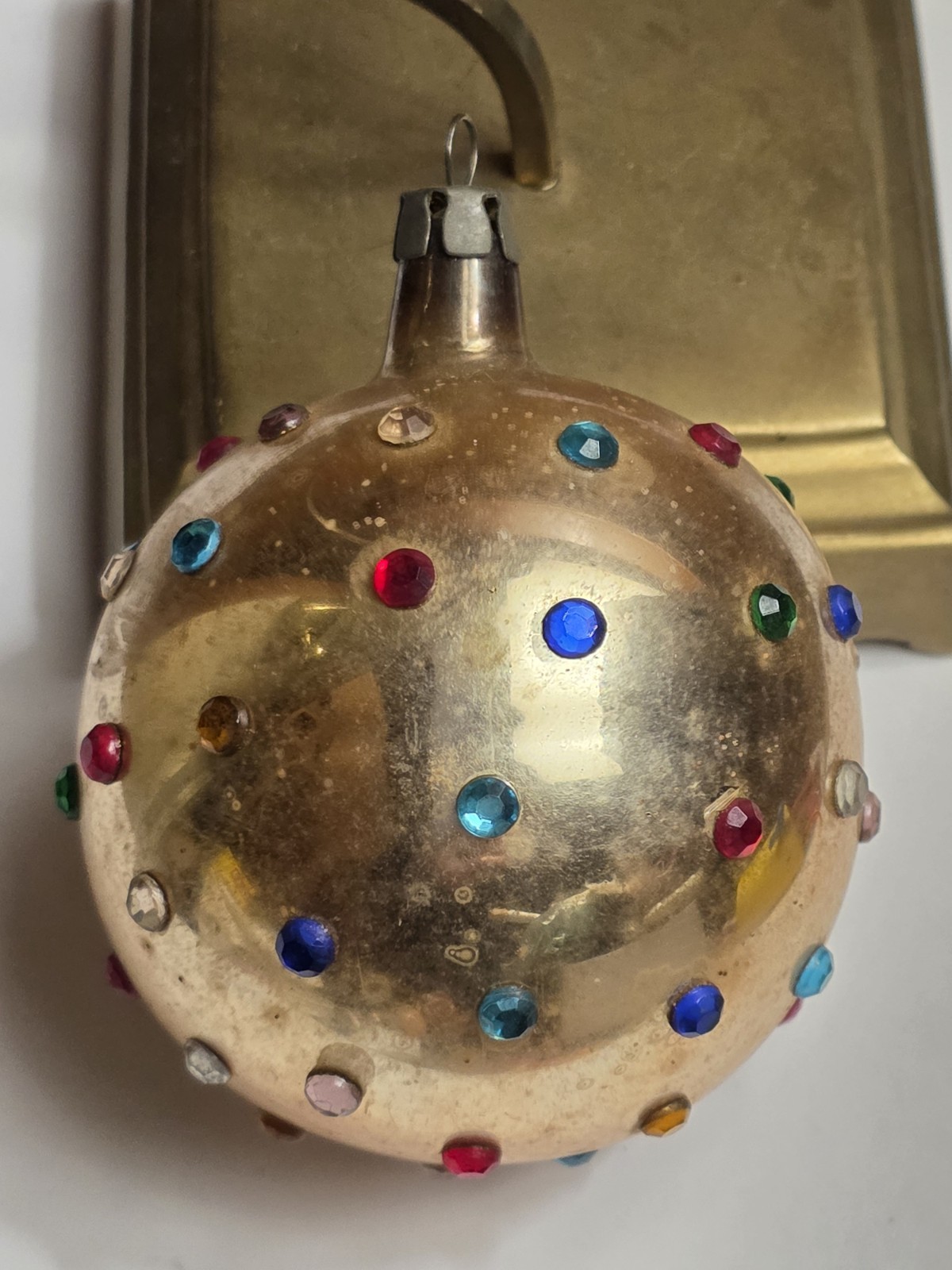 Vintage POLAND Jeweled Gold Mercury Glass Christmas Ornament 2 75\